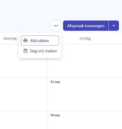 Screenshot van ONS: het menu met Afdrukken naast de knop Afspraak toevoegen