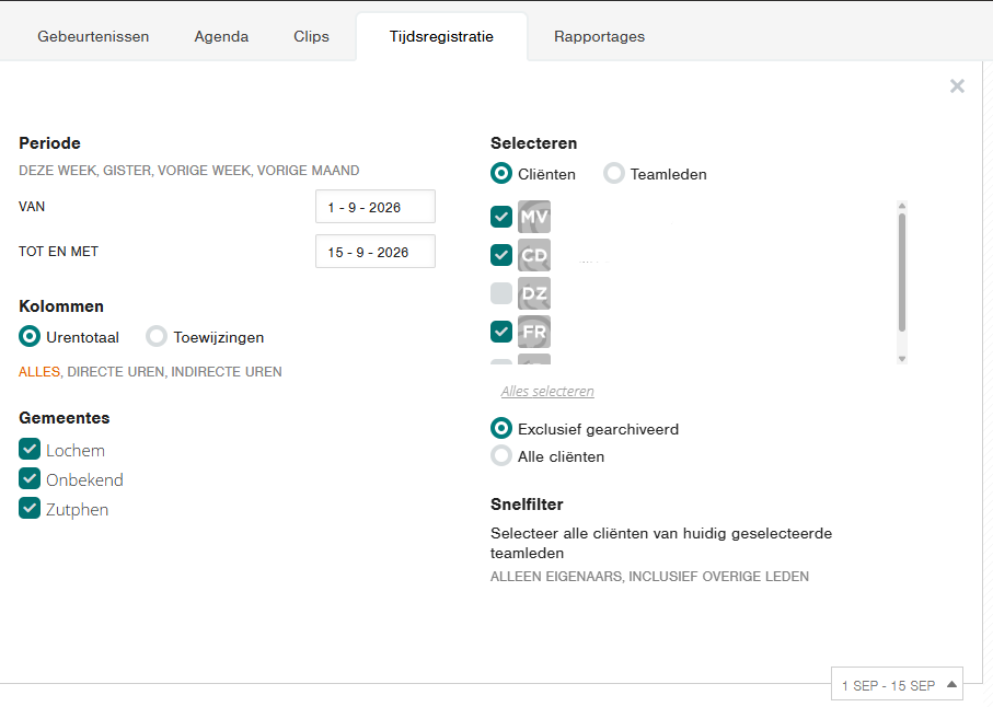 Screenshot van Cliendo: het Tijdsregistratie-scherm met Periode, Kolommen en Selecteren